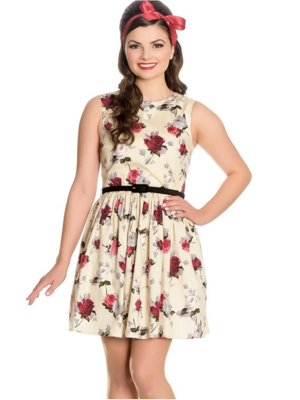 Hell Bunny Cream Floral Sleeveless Pleated Dress with Black Belt
